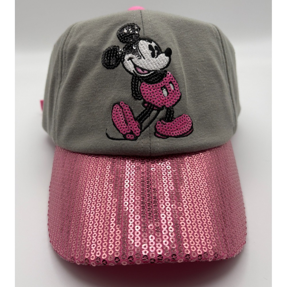 Walt Disney World Pink Gray Sequin Mickey Mouse Adjustable Baseball Cap